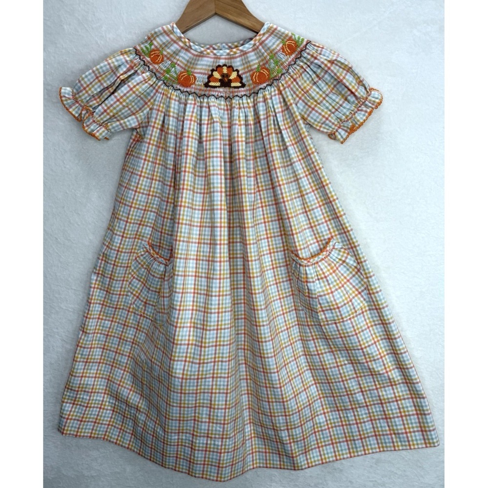 Delaney Smocked Thanksgiving Turkey Bishop Dress Gingham Size 6 Girl's NWT